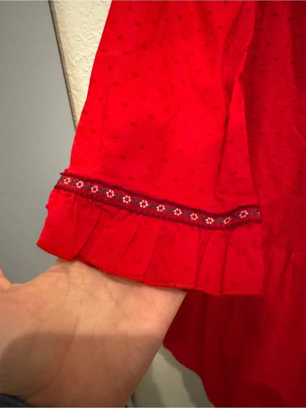 Hanna Andersson Dress Girl's 10 cm Red ¾ Sleeve Swiss Dots Floral Trim Cotton